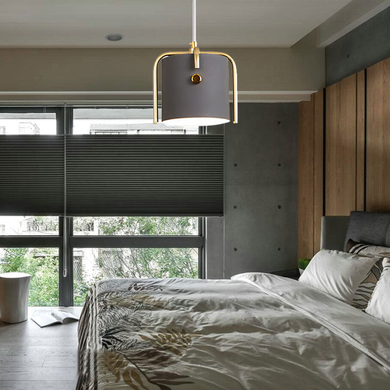 Stylish Macaron Hanging Light - 1 With Metallic Shade Gray/White Barrel Suspension Lamp Ideal For