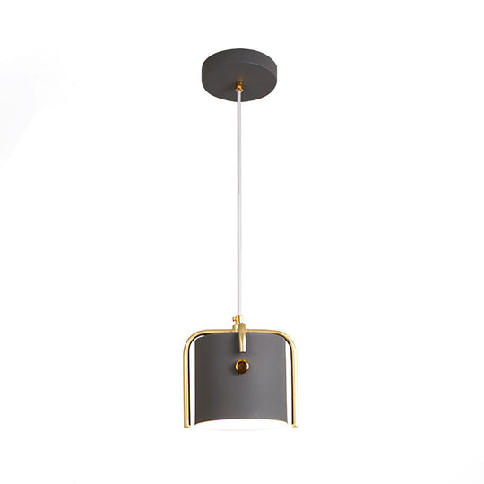 Stylish Macaron Hanging Light - 1 With Metallic Shade Gray/White Barrel Suspension Lamp Ideal For