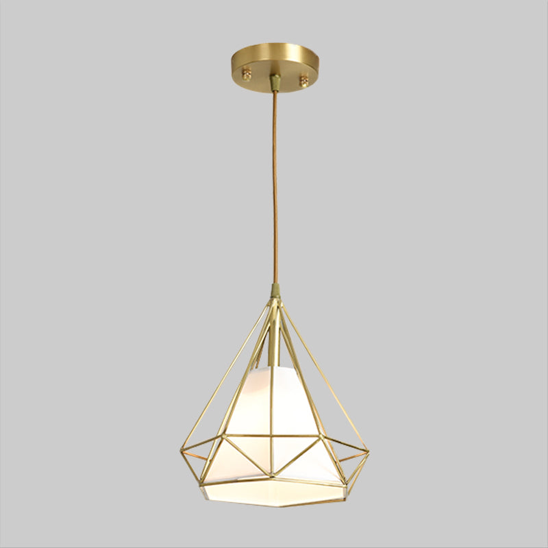 Simplicity 1-Head Brass Diamond Cage Pendant Light With Flaxen Inner Fabric Shade