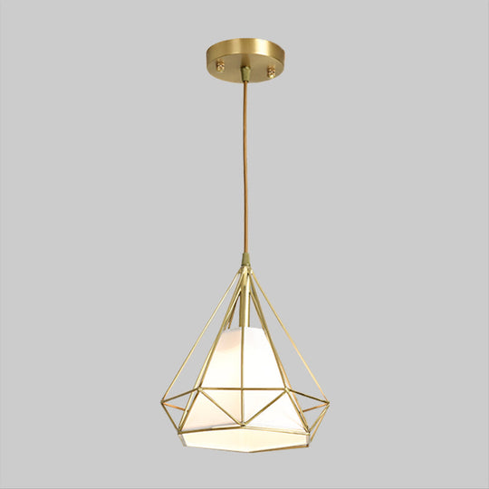 Simplicity Brass Diamond Cage Pendant Light With Flaxen Fabric Shade - Metallic Suspension Lamp