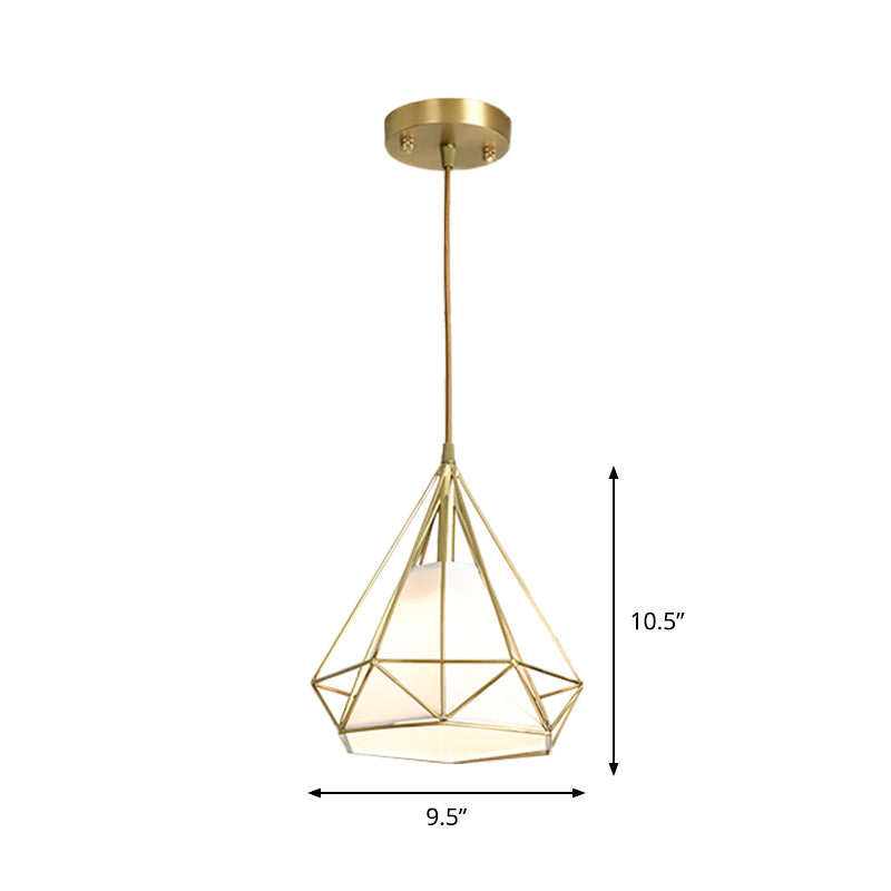 Simplicity Brass Diamond Cage Pendant Light With Flaxen Fabric Shade - Metallic Suspension Lamp