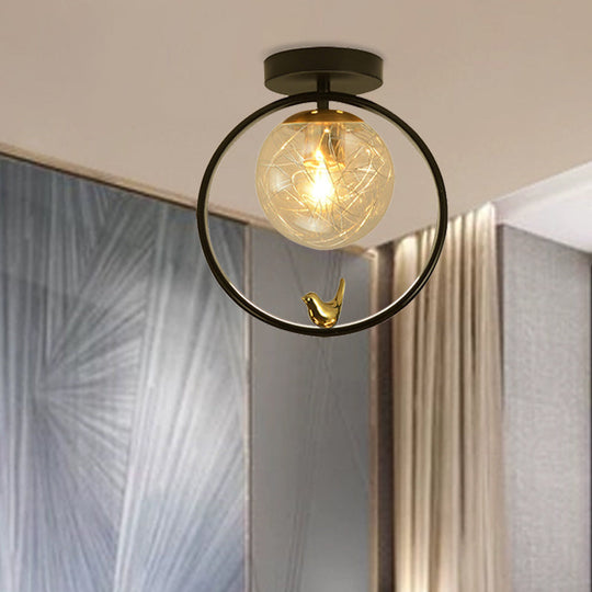 Contemporary Clear Glass Ceiling Light: Spherical Semi Flush Fixture With Single Bulb Black Mount