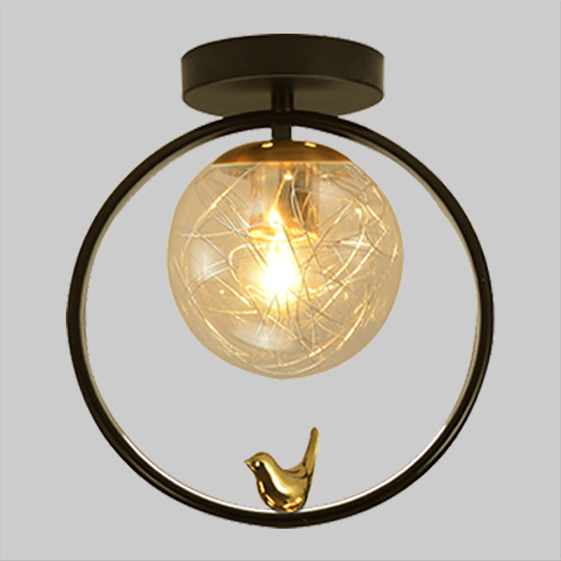 Contemporary Clear Glass Ceiling Light: Spherical Semi Flush Fixture With Single Bulb Black Mount