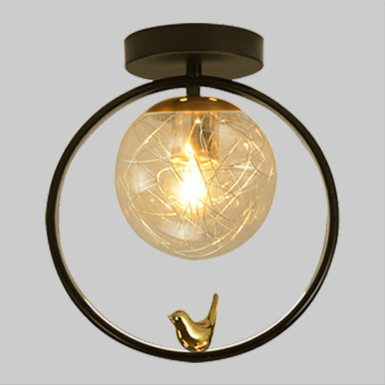 Contemporary Clear Glass Ceiling Light: Spherical Semi Flush Fixture With Single Bulb Black Mount