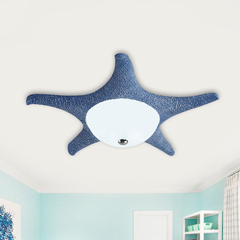 Kids Led Blue Starfish Flush Mount Lamp With Dome White Glass Shade