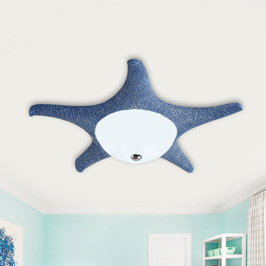 Kids Led Blue Starfish Flush Mount Lamp With Dome White Glass Shade