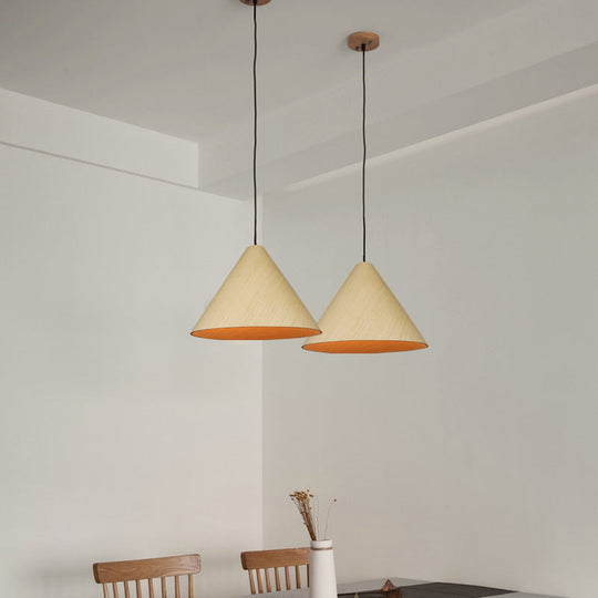Rustic Red/Beige Cafe Suspension Lamp With Conic Wood Shade - 10/13 Wide