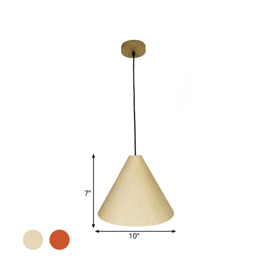 Rustic Red/Beige Cafe Suspension Lamp With Conic Wood Shade - 10/13 Wide