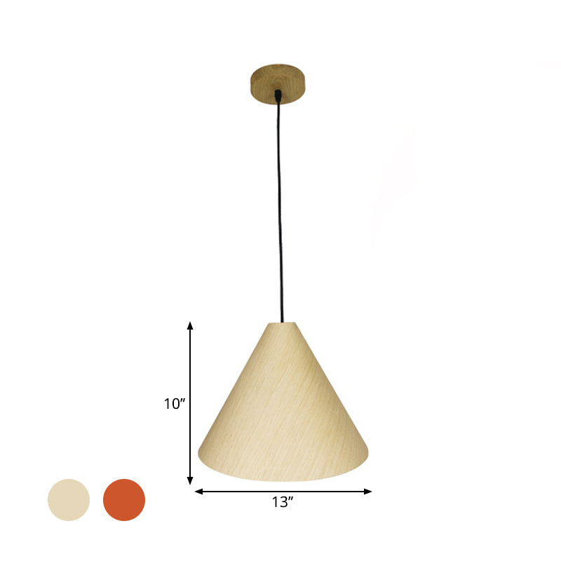 Rustic Red/Beige Hanging Lamp With Conic Wood Shade - 10’/13’ Wide