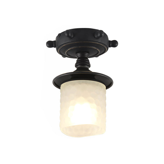 Modern 1-Light Black/Blue Mediterranean Semi Flush Mount Ceiling Light Opaque Glass Column/Flared