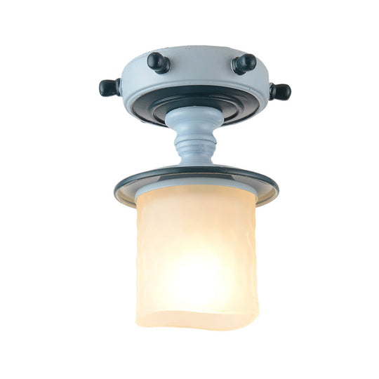 Modern 1-Light Black/Blue Mediterranean Semi Flush Mount Ceiling Light Opaque Glass Column/Flared