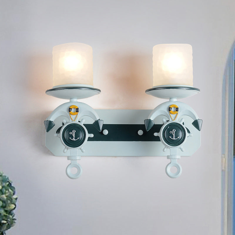 Modern Blue Wall Light With Cylindrical Dimpled Glass Shade - Sleek 1/2-Head Doorway Lighting