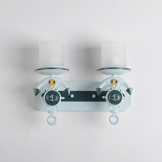 Modern Blue Wall Light With Cylindrical Dimpled Glass Shade - Sleek 1/2-Head Doorway Lighting