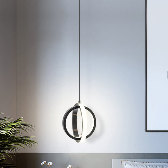 Modern Led Pendant Light With Crossed Ring Design - Black/White Metallic Shade In Warm/White