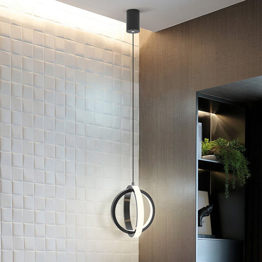 Modern Led Mini Pendant - Black/White Crossed Ring Down Suspension Light With Metallic Shade