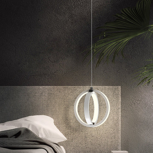 Modern Led Mini Pendant - Black/White Crossed Ring Down Suspension Light With Metallic Shade