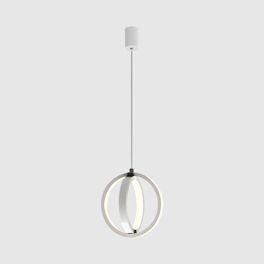 Modern Led Mini Pendant - Black/White Crossed Ring Down Suspension Light With Metallic Shade