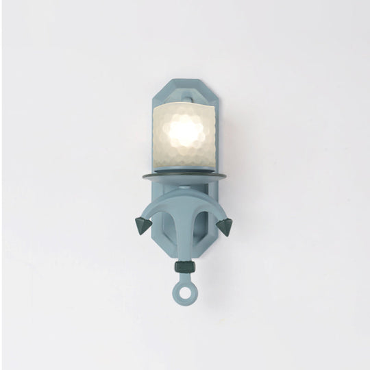 Nautical Blue Glass Cylinder Wall Light With Resin Anchor Deco - Mount Lamp