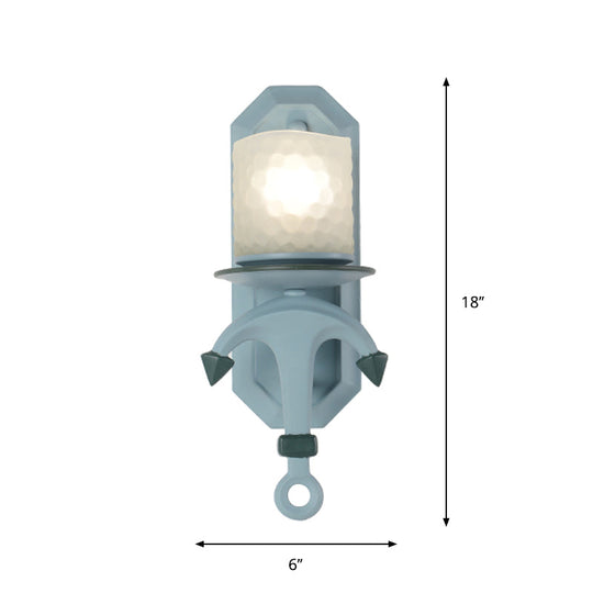 Nautical Blue Glass Cylinder Wall Light With Resin Anchor Deco - Mount Lamp