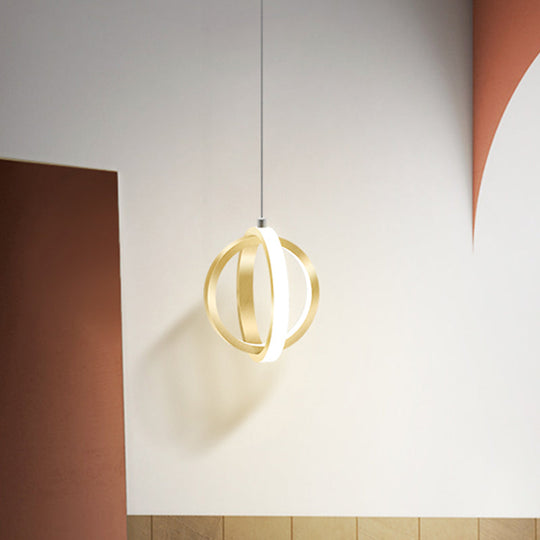 Modern Led Pendant Light: Aluminum Crossed Rings Drop In Gold - Ideal For Dining Table