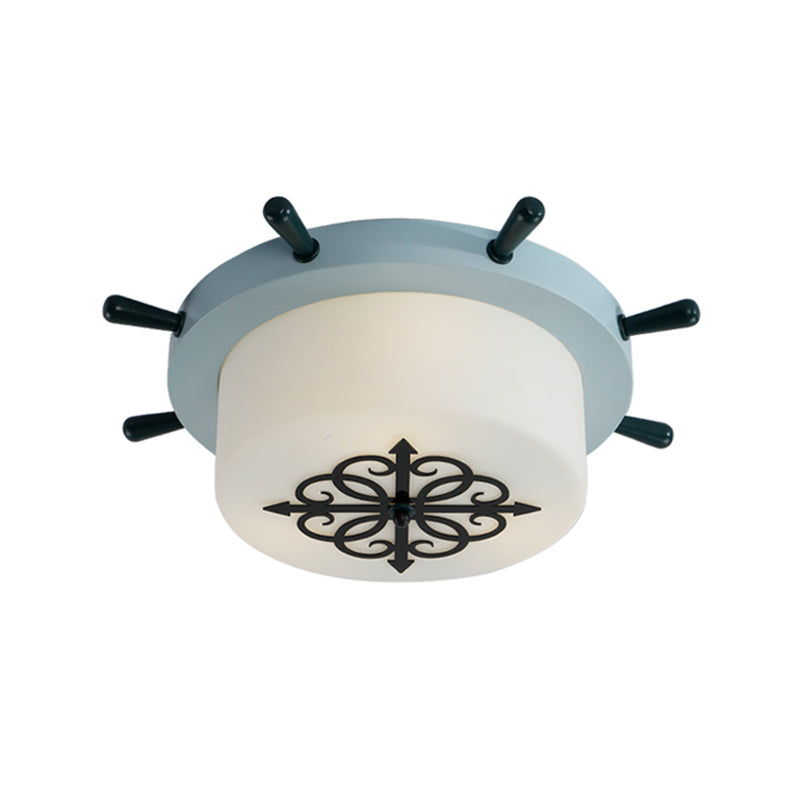 Kids’ Led Ceiling Light With White Glass Drum And Rudder Blue/Brown Canopy