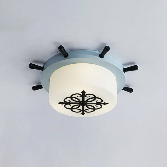 Kids’ Led Ceiling Light With White Glass Drum And Rudder Blue/Brown Canopy