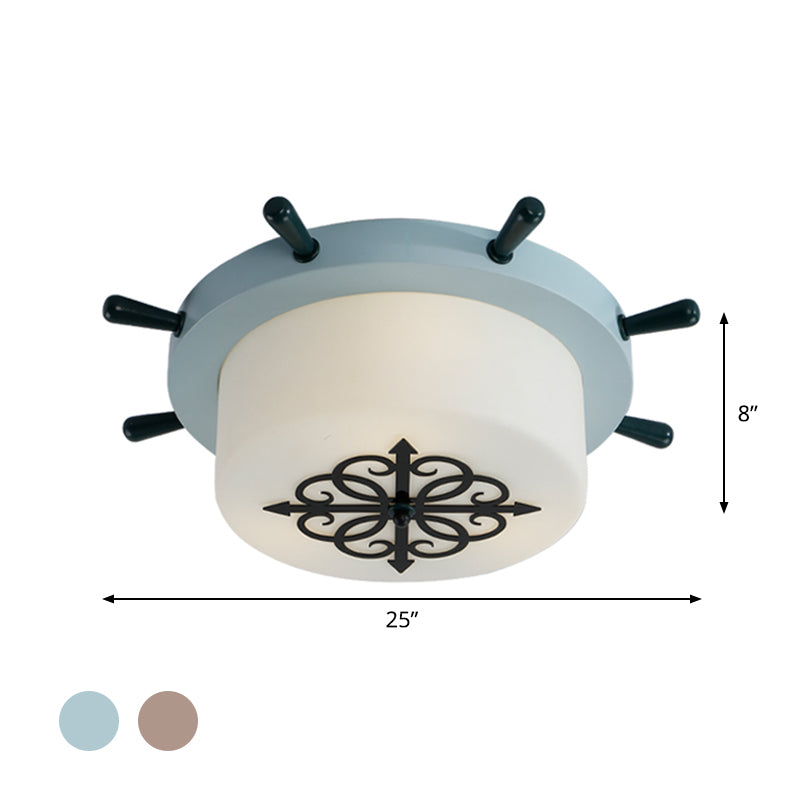 Kids’ Led Ceiling Light With White Glass Drum And Rudder Blue/Brown Canopy