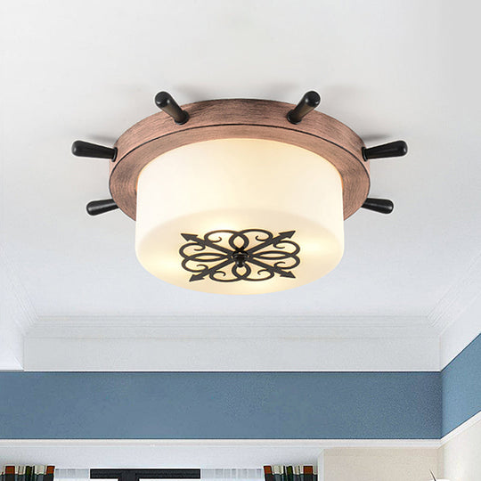 Kids’ Led Ceiling Light With White Glass Drum And Rudder Blue/Brown Canopy