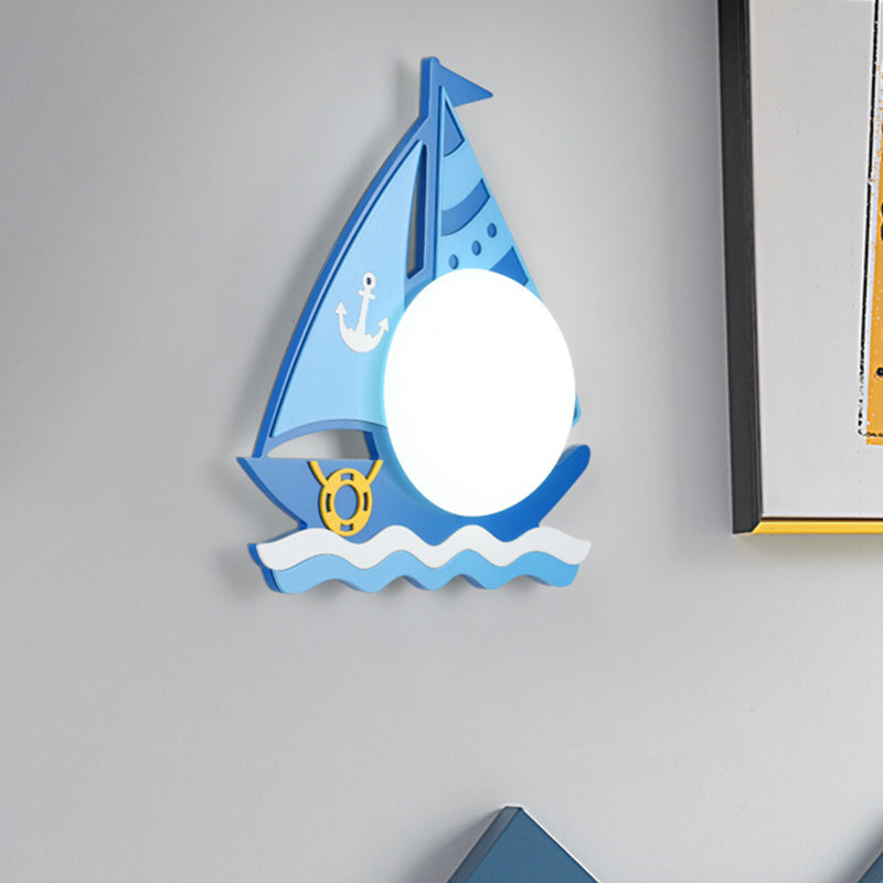 Nautical Led Wood Wall Sconce With Blue Ship Design And Opaline Glass Shade In Warm/White Light /
