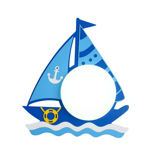 Nautical Led Wood Wall Sconce With Blue Ship Design And Opaline Glass Shade In Warm/White Light