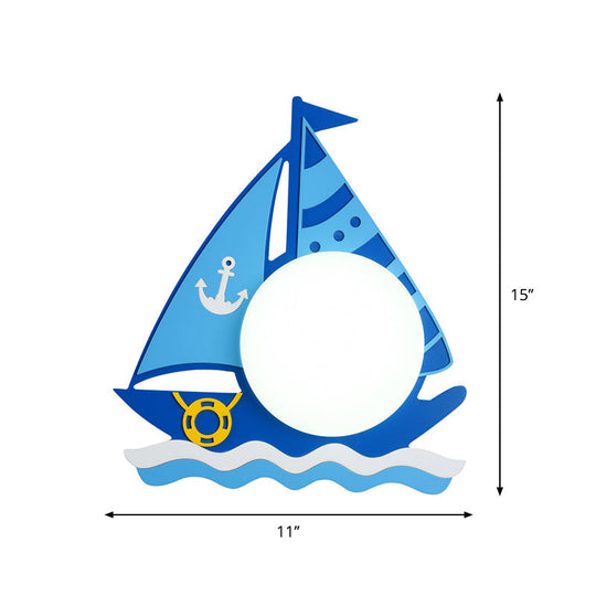 Nautical Led Wood Wall Sconce With Blue Ship Design And Opaline Glass Shade In Warm/White Light