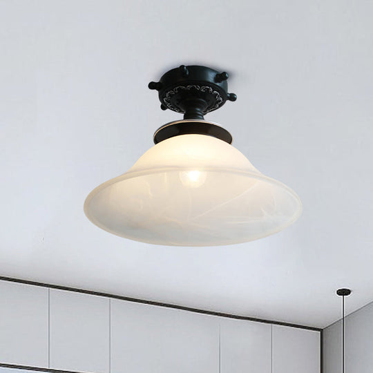 Nautical Opaline Glass Bell Ceiling Light In Black/White/Blue - 1 Bulb Semi Flush Mount Fixture For
