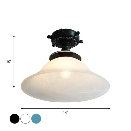 Nautical Opaline Glass Bell Ceiling Light In Black/White/Blue - 1 Bulb Semi Flush Mount Fixture For
