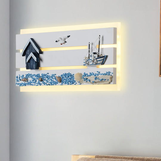 Cartoon Led Wall Sconce With Wood Seagull And Sailboat Design - Acrylic Oblong Flush Mount Lighting