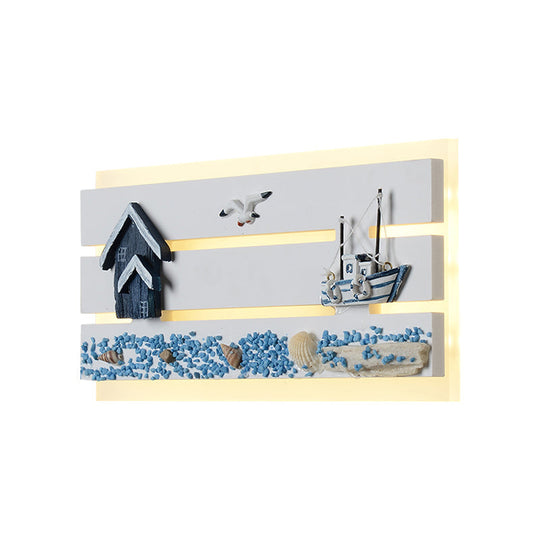 Cartoon Led Wall Sconce With Wood Seagull And Sailboat Design - Acrylic Oblong Flush Mount Lighting