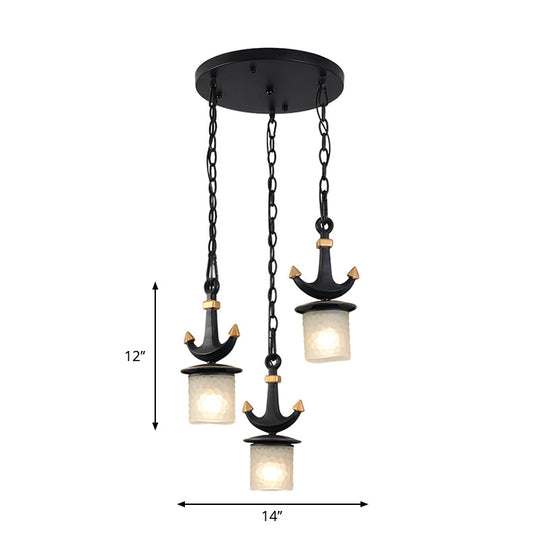 Modern Frosted Dimpled Glass Pendant Light With Linear/Round Canopy - Black | 3 Heads Parlor Hanging