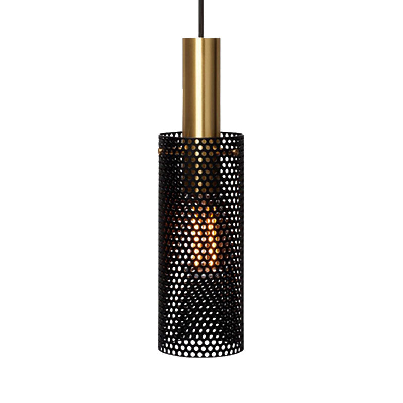 Hollow Design Cylinder Hanging Lamp - Black/White Metal Pendant With 1 Light