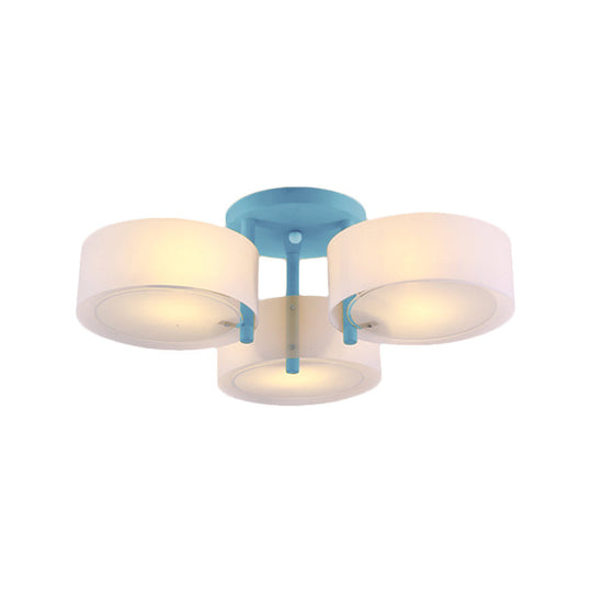 Sleek Macaron Semi Flush Mount Ceiling Light With Frosted Glass Drum Shade - 3 Lights For Kids’