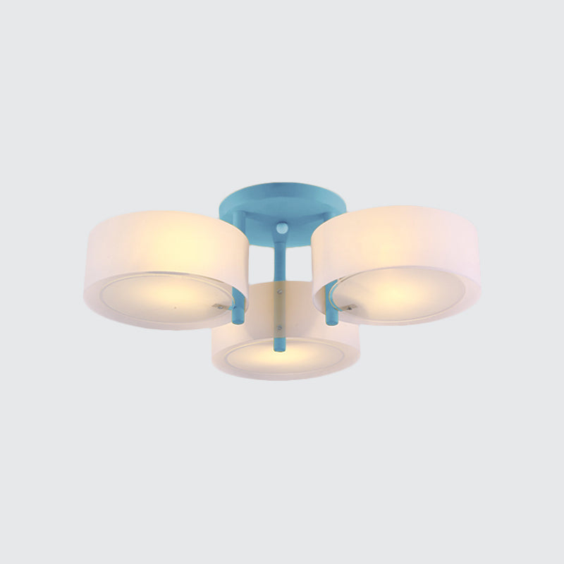Sleek Macaron Semi Flush Mount Ceiling Light With Frosted Glass Drum Shade - 3 Lights For Kids’