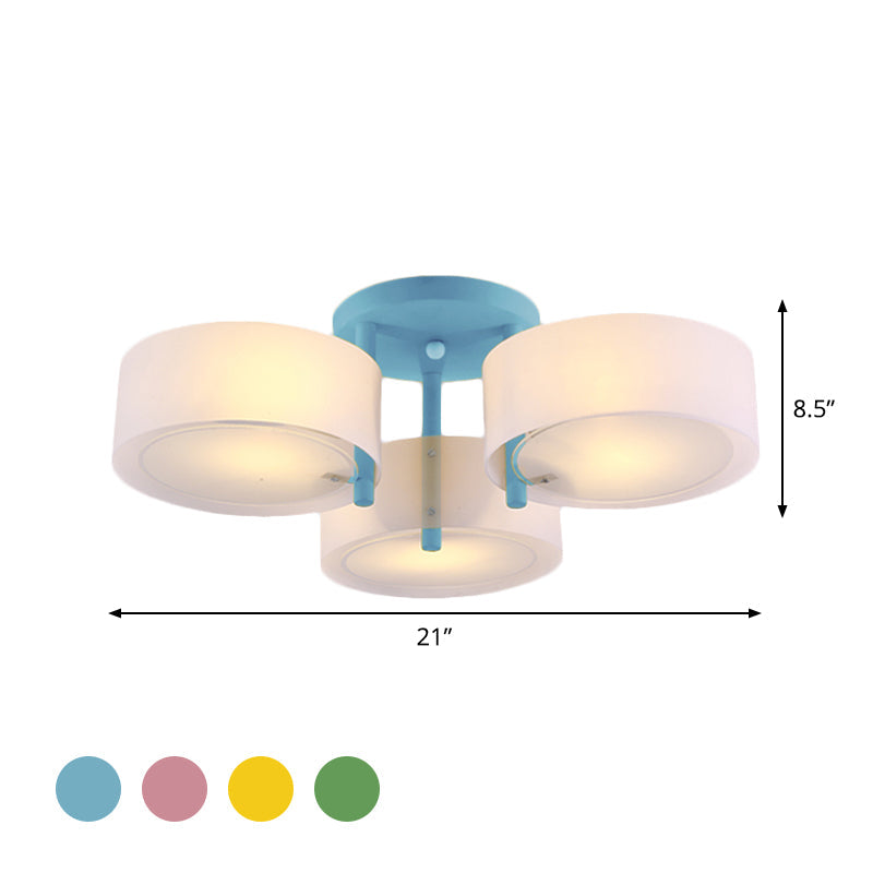 Sleek Macaron Semi Flush Mount Ceiling Light With Frosted Glass Drum Shade - 3 Lights For Kids’