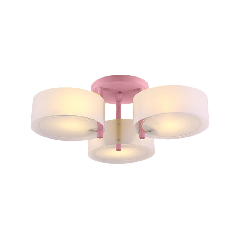 Sleek Macaron Semi Flush Mount Ceiling Light With Frosted Glass Drum Shade - 3 Lights For Kids’