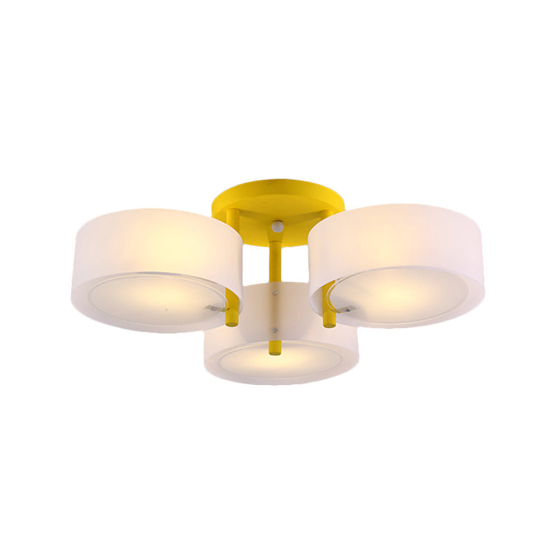 Sleek Macaron Semi Flush Mount Ceiling Light With Frosted Glass Drum Shade - 3 Lights For Kids’