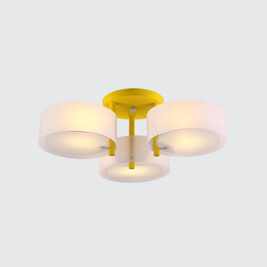 Sleek Macaron Semi Flush Mount Ceiling Light With Frosted Glass Drum Shade - 3 Lights For Kids’