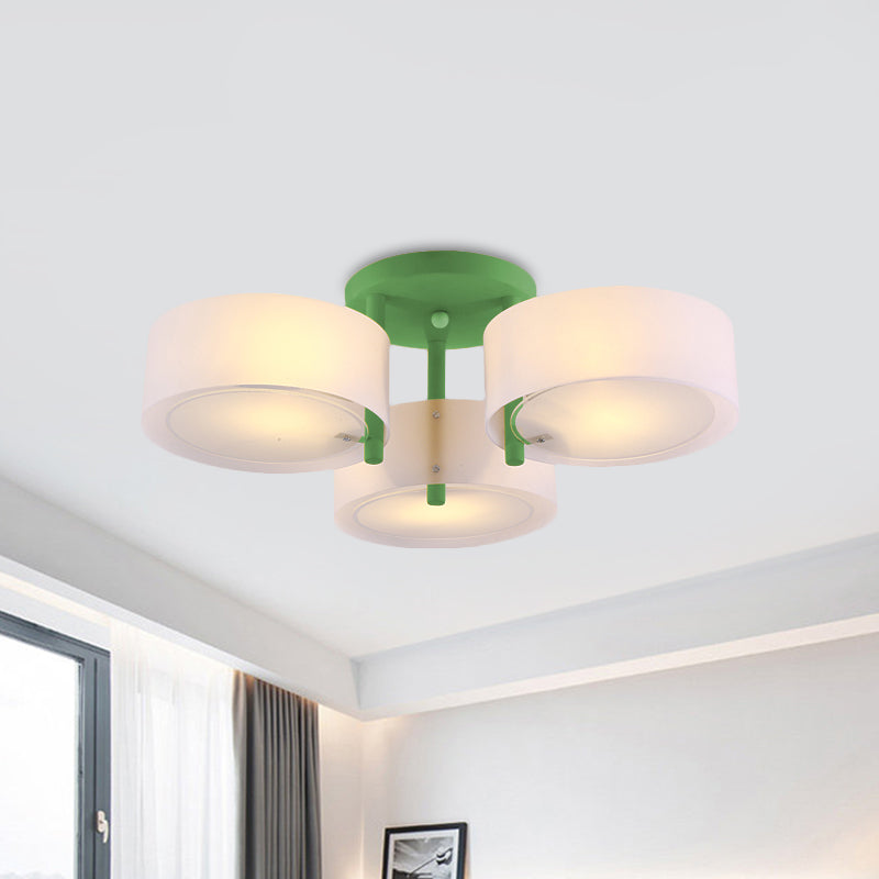 Sleek Macaron Semi Flush Mount Ceiling Light With Frosted Glass Drum Shade - 3 Lights For Kids’