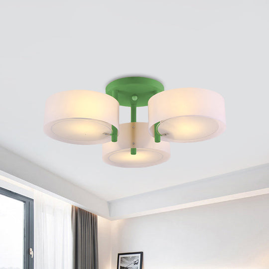 Sleek Macaron Semi Flush Mount Ceiling Light With Frosted Glass Drum Shade - 3 Lights For Kids’