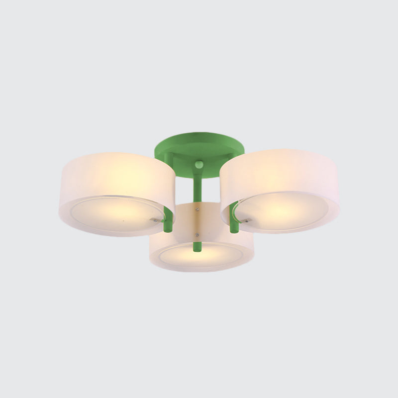 Sleek Macaron Semi Flush Mount Ceiling Light With Frosted Glass Drum Shade - 3 Lights For Kids’
