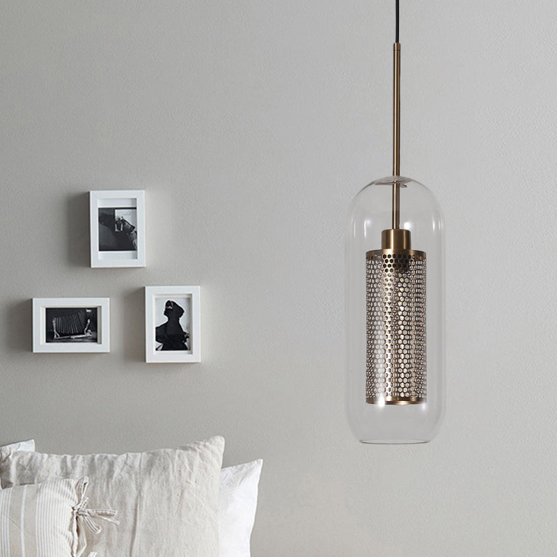Modern Clear Glass Hanging Light With Mesh Screen For Balcony - Capsule Shape Brass / 5