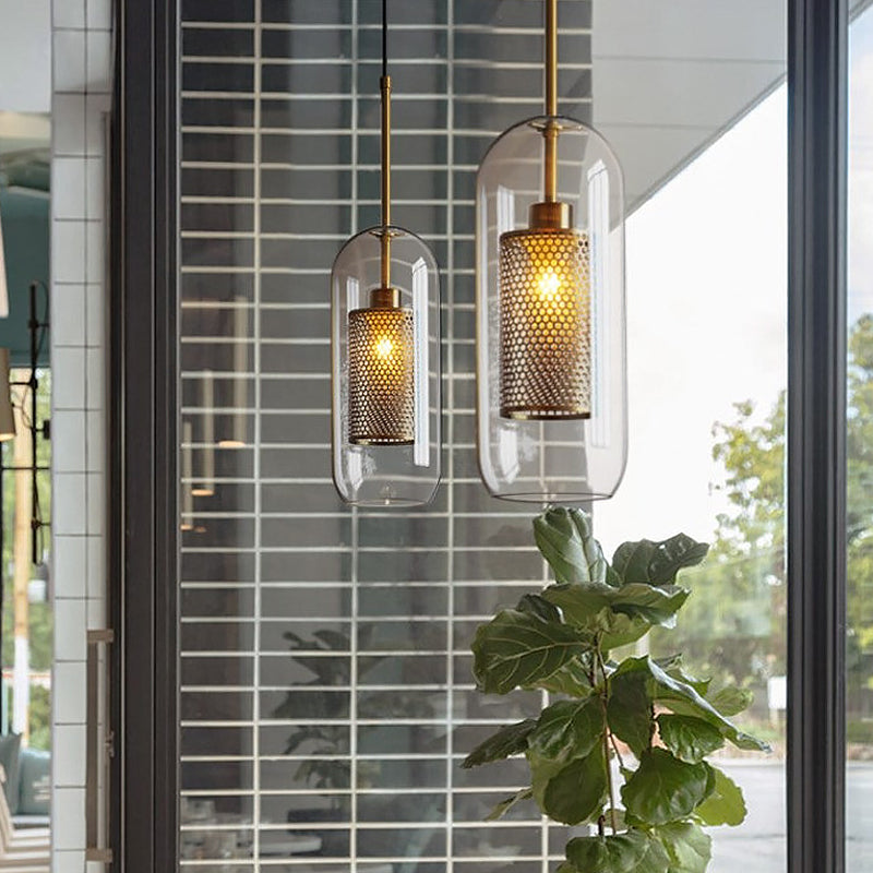 Modern Clear Glass Hanging Light With Mesh Screen For Balcony - Capsule Shape