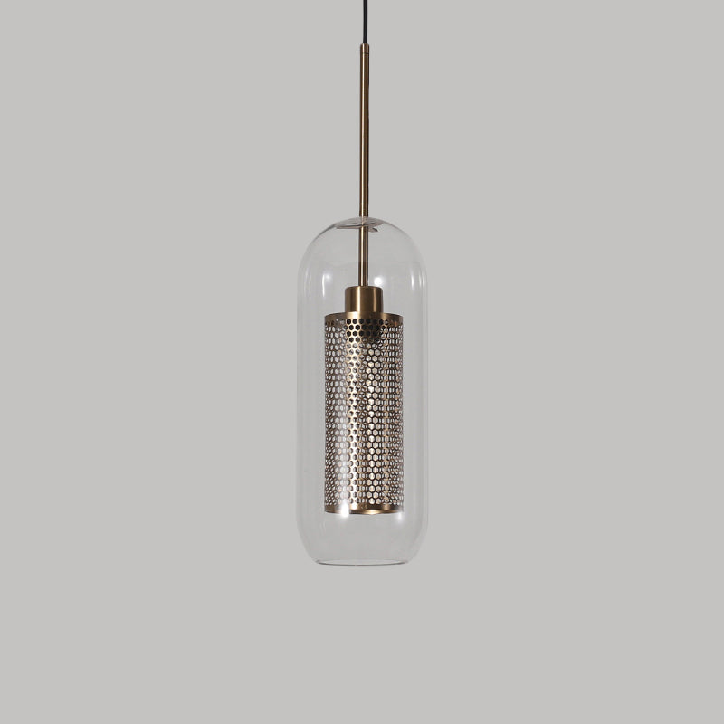 Modern Clear Glass Capsule Hanging Light With Mesh Screen For Balcony Ceiling - 1