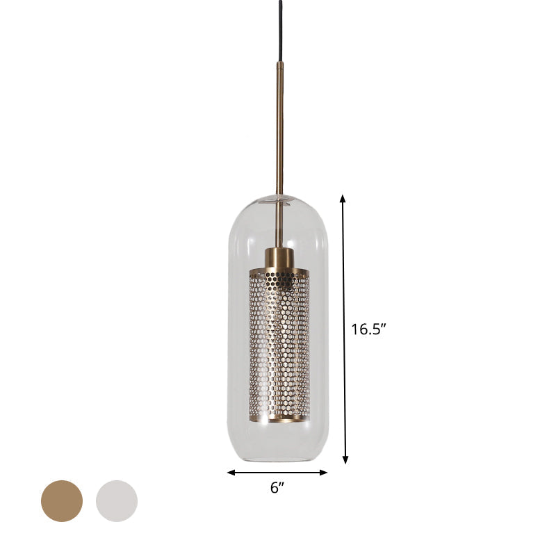 Modern Clear Glass Capsule Hanging Light With Mesh Screen For Balcony Ceiling - 1